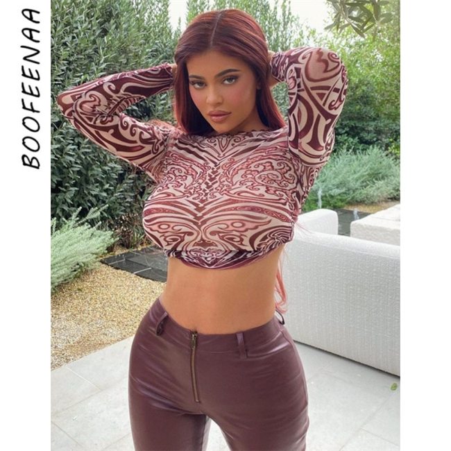 BOOFEENAA Kylie Sexy Slim Fit Graphic T Shirts Vintage Ethnic Print Y2k Long Sleeve Crop Top Shirt Egirl Clothes C85-AG10