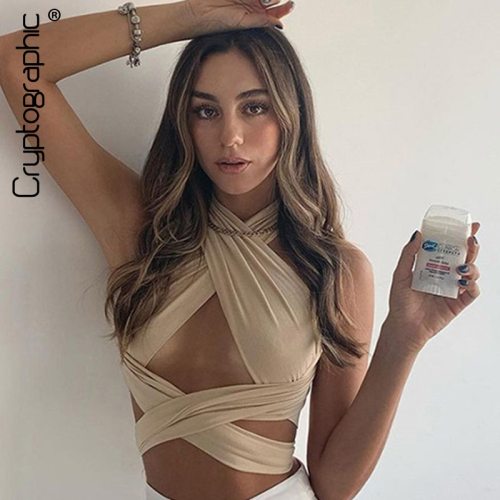 Cryptographic Hot Sexy Halter Bandage Cut-Out Crop Tops Women Chic Fashion Sleeveless Backless Khaki Top Cropped Party Clubwear