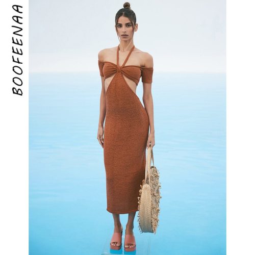 BOOFEENAA Sexy Vacation Knitted Midi Dress Summer Elegant Outfits for Women Beachwear Hollow Out Halter Bodycon Dresses C66-CZ26