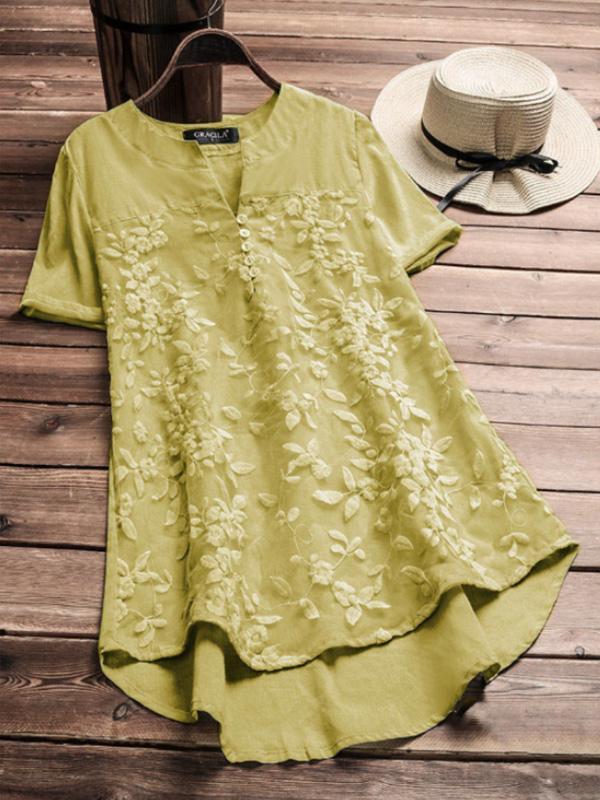 Ladies V-neck lace embroidered stitching pullover short sleeve shirt