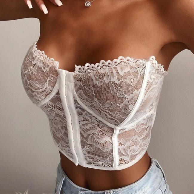 Cryptographic Hot Sexy Strapless Breasted Lace Corset Crop Tops for Women Sleeveless Club Party Sheer Cupped Tank Top Cropped