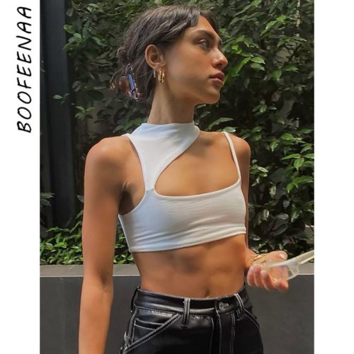 BOOFEENAA Asymmetrical Cut Out Crop Top Femme 2021 Summer Clothes Women Streetwear Sexy Backless Tank Tops White Black C85-AG10