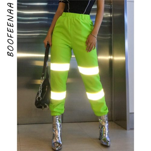 BOOFEENAA Neon Green Reflective Pants Women Streetwear Joggers High Waist Sweatpants Casual Loose Sports Trousers 2019 C87-AC71