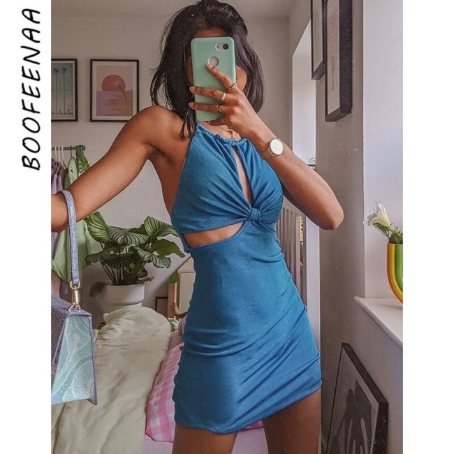 BOOFEENAA Sexy Summer Dress Night Out Club Outfits for Women Cut Out Halter Backless Mini Dresses Ladies Clothes 2021 C85-BB14