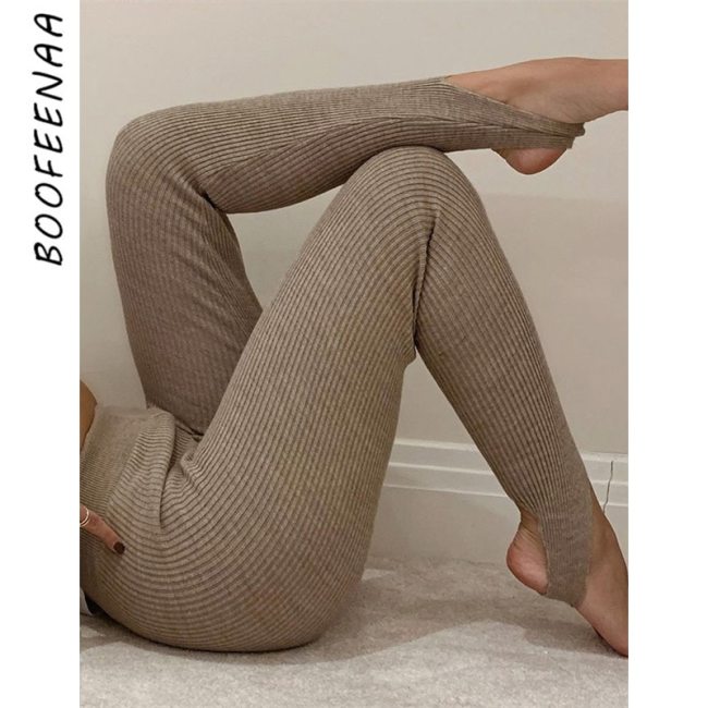 BOOFEENAA Cotton Knitted Fashion Sexy High Waist Tight Leggings Sport Women Fitness Workout Step-on-foot Pants C68-BG27