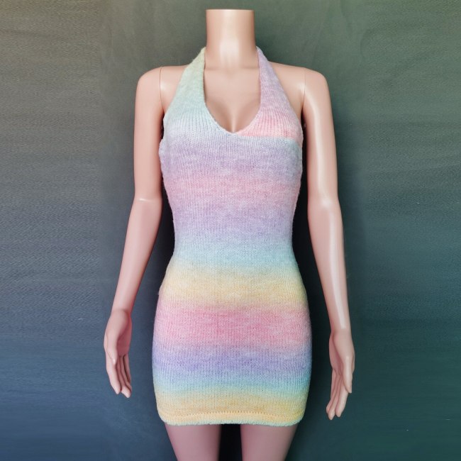 BOOFEENAA Y2k Rainbow Knitted Bodycon Dress Chic Clothes for Women Sexy Summer Vacation Backless Halter Mini Dresses C88-DD19