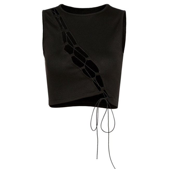 BOOFEENAA Egirl Night Club Crop Top Women Gothic Black Assymetrical Cutout Lace Up Ribbed Tank Tops Y2k Clothes C83-BZ10