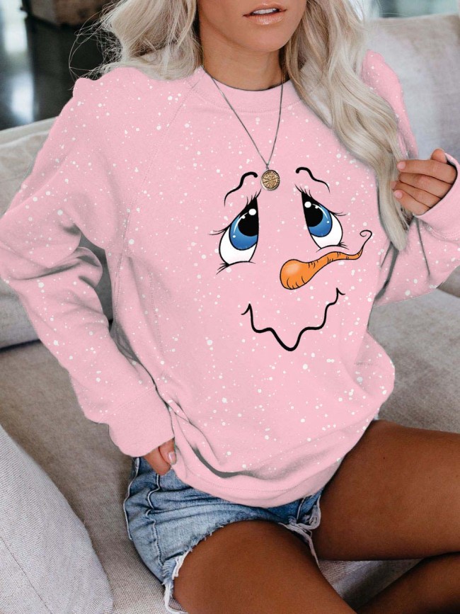 Women's Cute Snowman Face Print Long Sleeve Sweatshirt