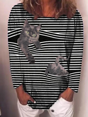 2020 cat print round neck long sleeve women's T-shirt