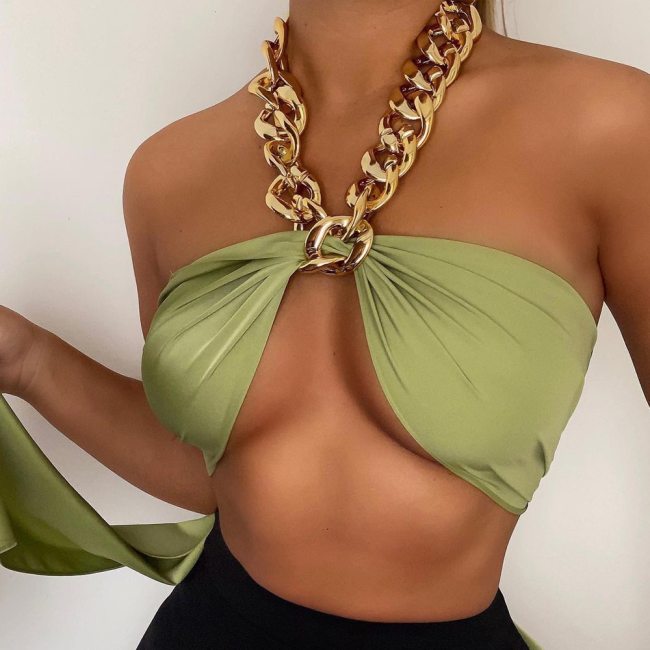 Cryptographic Chic Fashion Metal Chain Halter Crop Tops for Women Sleeveless Backless Wrap Chest Cropped Top Basic Summer 2021