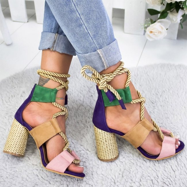 New Women Sandals Lace Up Summer Shoes Woman Heels Sandals Pointed Fish Mouth Gladiator Sandals Woman Pumps Hemp Rope High Heels