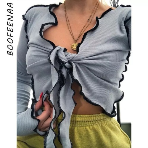 BOOFEENAA Bow Tie Up Deep V Long Sleeve Cardigan Crop Tops for Women 2020 Fall Winter Fashion Sexy Woman Tshirts C15-BC16