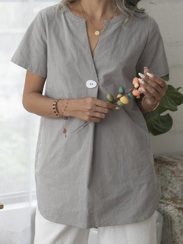 Women's solid color cotton and linen shirt