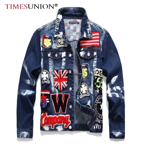 2021 Spring Embroidery Denim Jacket Men Multi Badge Skull Paint Mens Jackets and Coats Long Sleeve Jean Jacket
