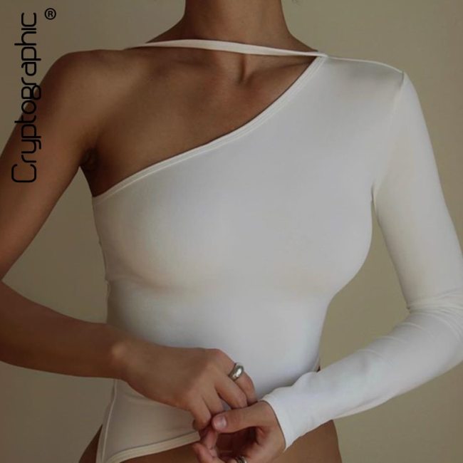 Cryptographic Elegant One Shoulder Long Sleeve Women's Top Fashion White Sexy Bandage Cropped Top Basic Solid Streetwear Clothes