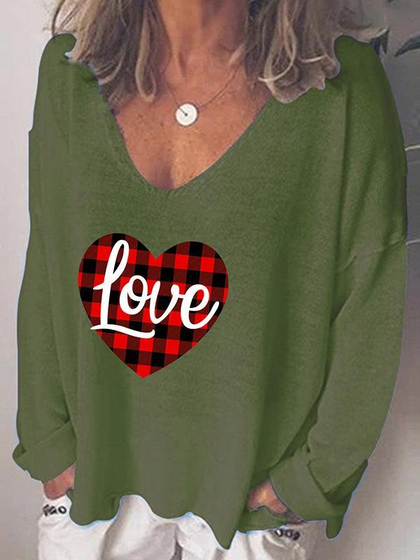 Ladies Valentine's Day Love Print V-neck Long Sleeve T-shirt