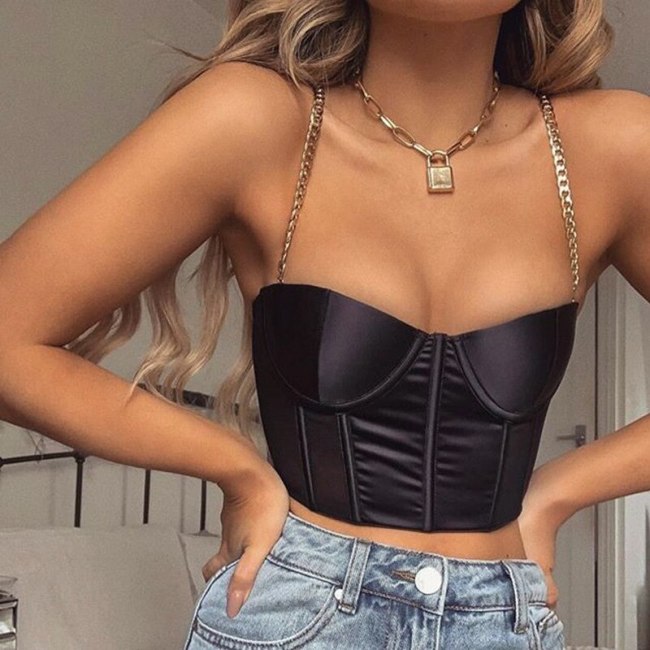 Cryptographic sleeveless chain satin summer crop tops for women sexy backless bralette short cropped strapless feminino tops