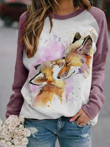 Watercolor Fox Mother's Love Print Casual Sweatshirt