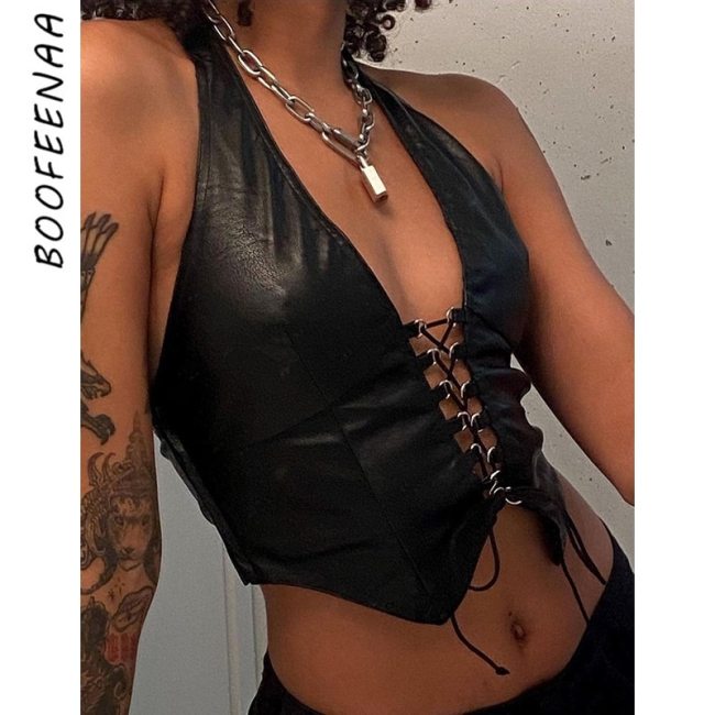 BOOFEENAA Black PU Leather Sexy Corset Top Party Club Wear Laced Halter Backless V Neck Crop Tank Tops for Women C83-CZ10