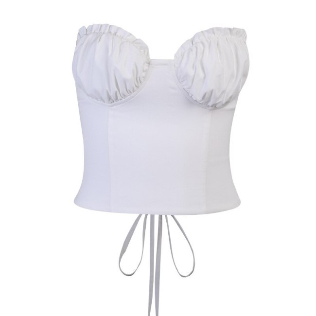 BOOFEENAA Sexy Vintage White Corset Top Womens Fashion Bustier Tube Top Summer 2021 Ruched Bralette Crop Top Mujer C69-BZ14
