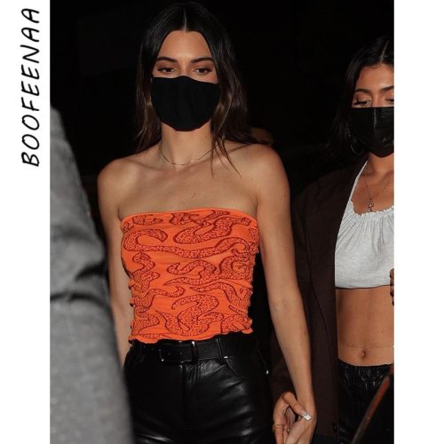 BOOFEENAA Kendal Snake Print Orange Crop Top Woman T-shirts Streetwear Summer Clothing Fashionable Backless Tube Tops C98-AD10