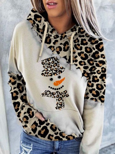 Ladies Leopard Snowman Print Hoodie