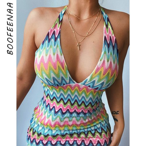 BOOFEENAA Colorful Striped Knitted Bodycon Mini Dress Sexy Clubwear Backless Halter Summer Sundresses for Women 2021 C76-BD10