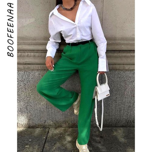 BOOFEENAA Solid Color High Waisted Wide Leg Pants Streetwear Women Fall 2021 Fashion Baggy Loose Trousers Green C85-EZ34