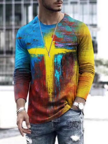 Men's Oil Painting Faith Jesus Cross Print Casual T-shirt
