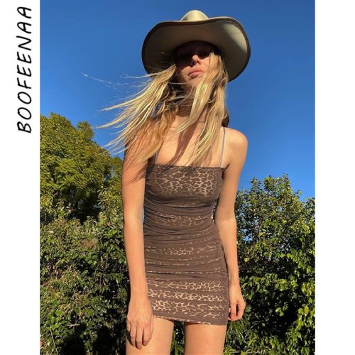 BOOFEENAA Brown Mesh Leoprad Print Spaghetti Strap Bodycon Dress French Style Clubwear Mini Dresses Women Summer 2021 C83-CC23