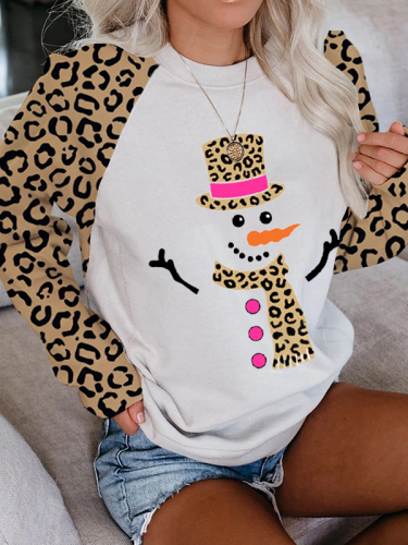 Women's Leopard Snowman Printed Casual Sweatshirt