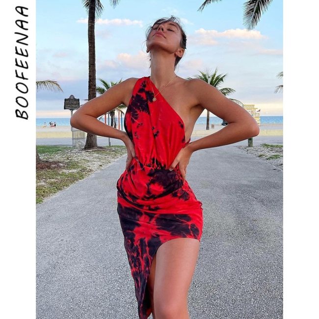 BOOFEENAA Sexy Asymmetric One Shoulder Mini Dresses for Women 2021 Summer Vacation Night Out Outfits Ladies Dresses C83-BG18