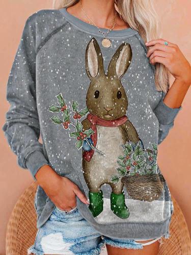 Women's Casual Funny Snow Rabbit Print Sweatshirt
