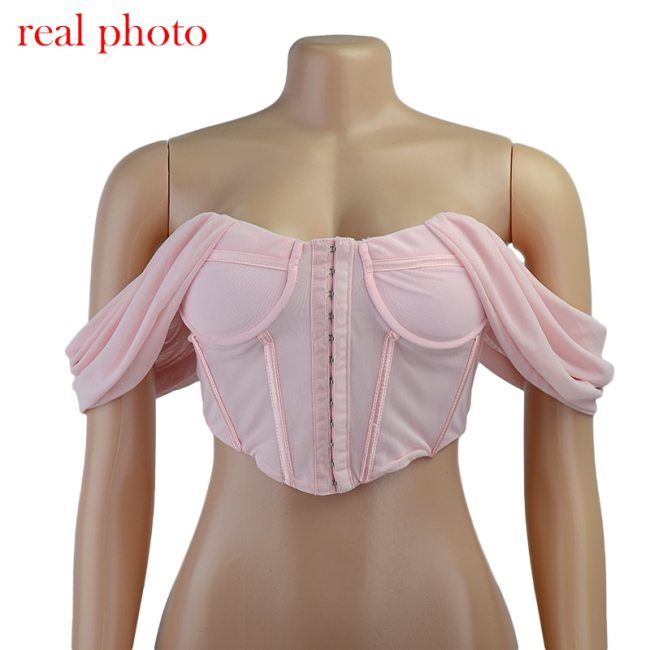 Cryptographic Mesh Bustier Corset Top Off Shoulder Strapless Crop Tops Cropped Women Sexy Backless Breasted Top Club Party