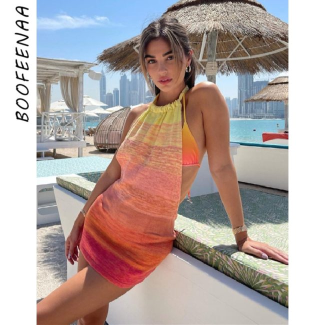 BOOFEENAA Sexy Knitted Tank Dress 2021 Summer Clothes Vacation Club Outfits for Women Open Back Halter Mini Dresses C88-BI12