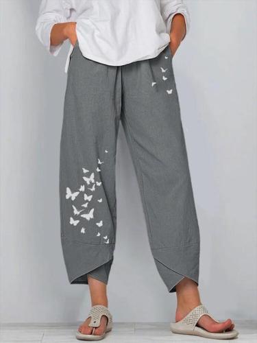 Cotton linen butterfly print wide-leg pants