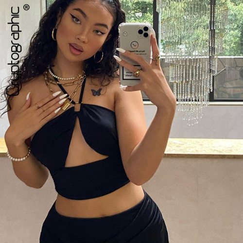 Cryptographic Fashion Cut-Out Black Halter Sleeveless Crop Tops for Women Rave Festival Backless Tanks Top Girls Cropped Top