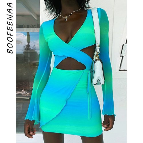 BOOFEENAA 2021 Fashion Print Cut Out Long Sleeve Mini Bodycon Dress Women Sexy Club Dresses Summer Vacation Outfits C85-CA17
