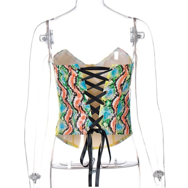 BOOFEENAA Colorful Snake Skin Corset Tops To Wear Out Boning V Neck Backless Lace Up Crop Tank Top Women Club Wear C15-CE13