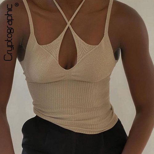 Cryptographic Knitted Cut Out Halter Neck Camis Crop Tops for Women Sleeveless Sexy Strapless Top Cropped Club Party Streetwear