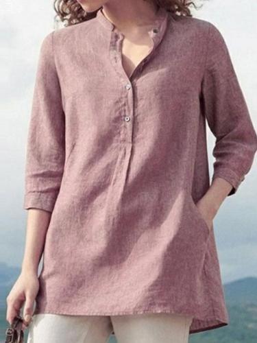 Women's solid color casual stand collar linen 3/4 sleeve shirt