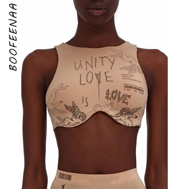 BOOFEENAA Streetwear Fashion Summer Tops for Women 2020 Letter Print Trendy Crop Top Festival Clubwear Sexy Tank Tops C94-AE10