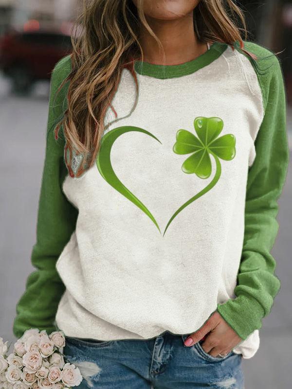 Ladies Love Four-Leaf Clover Print Sweatshirt