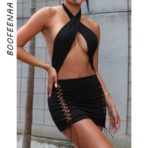 BOOFEENAA Sexy Bodycon Dress Cut Out Ties Crossed Cross Halter Backless Mini Dress Unicolor Black Sexy Outfit Clubwear C83-CC16