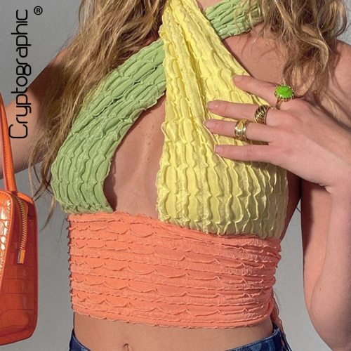 Cryptographic Chic Fashion Cross Halter Sexy Crop Tops for Women Sleeveless Backless Streetwear Hollow Cropped Feminino Top 2021