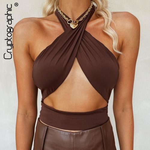 Cryptographic Criss-Cross Halter Backless Cut Out Crop Top for Women Sleeveless Backless Top Summer Outfits Club Party Wrap Tops