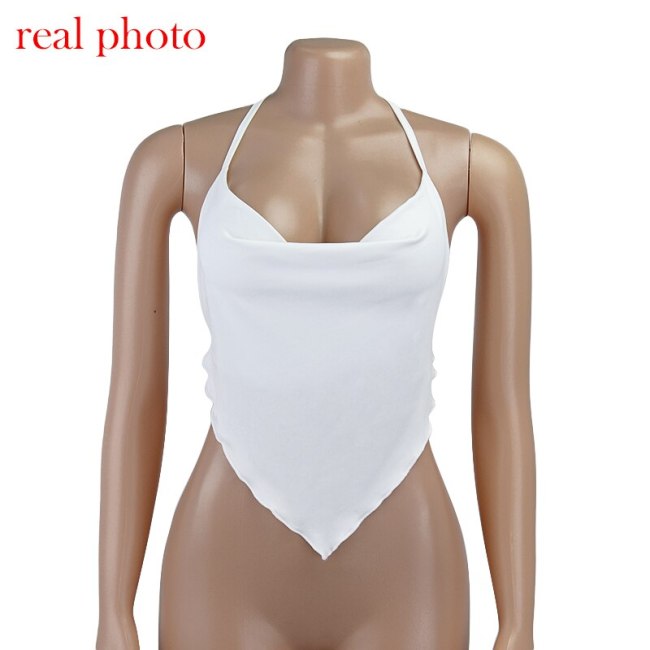 Cryptographic White Sleeveless Sexy Halter Rhombus Crop Tops for Women Rave Festival Backless Lacing Cropped Feminino Tops