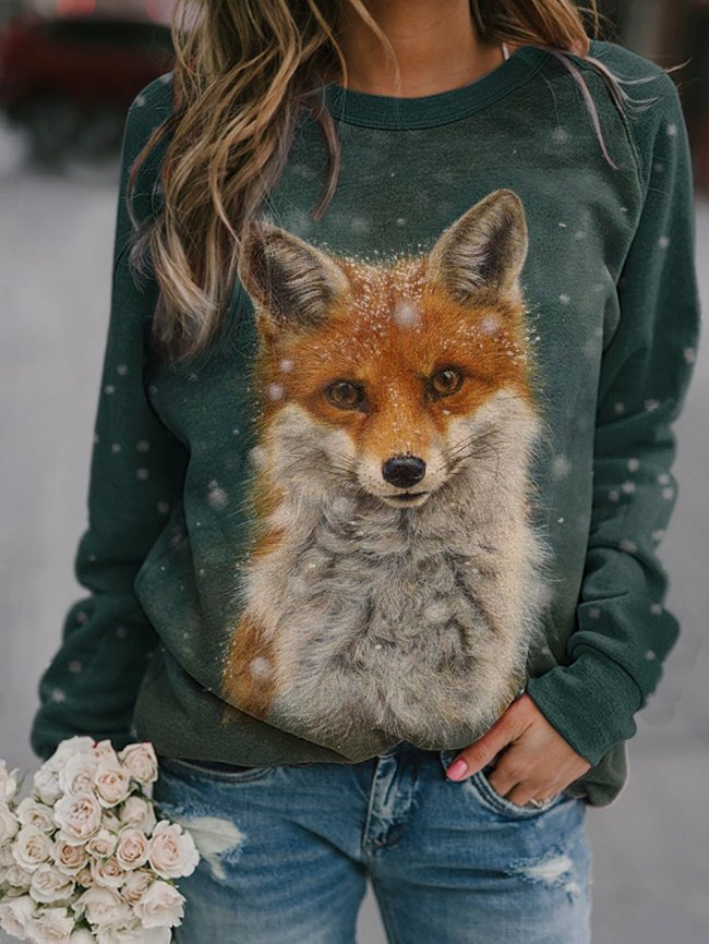 Women's Casual Snow Fox Print Crew Neck Sweatshirt