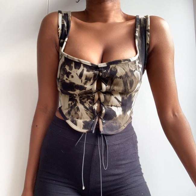 BOOFEENAA Sexy Camouflage Tie Dye Denim Crop Tank Top Women Clothes Streetwear Laced Up Hollow Out Bustier Tops C69-AI11