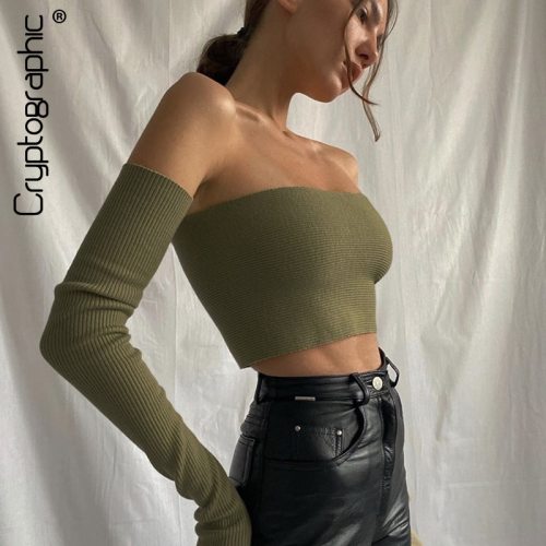 Cryptographic Off Shoulder Green Knit Crop Tops for Women Tube Top With Sleeve Backless Tanks Cropped Feminino Top Streetwear